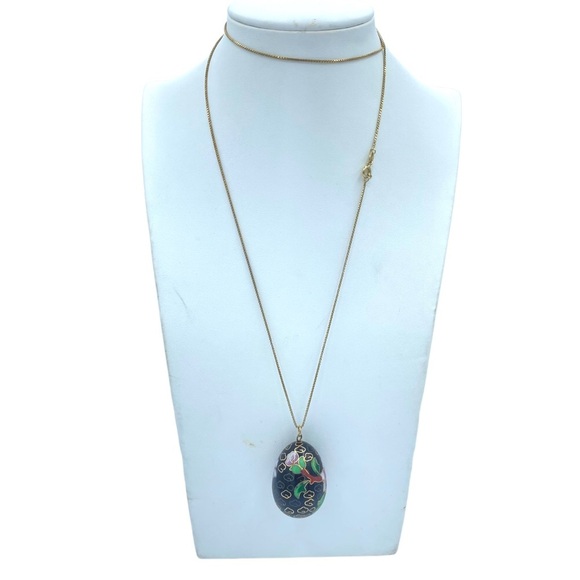 Vintage black Cloisonné black Easter egg shape long gold Sterling silver chain - Picture 9 of 13